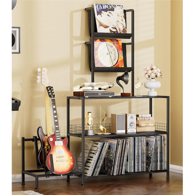 58" Tall Record Player Stand With Led Lights And Guitar Stand, Turntable Stand Record Player Cabinet Organizer Rack, 3-tier Record Player Table With V by Wrought Studio