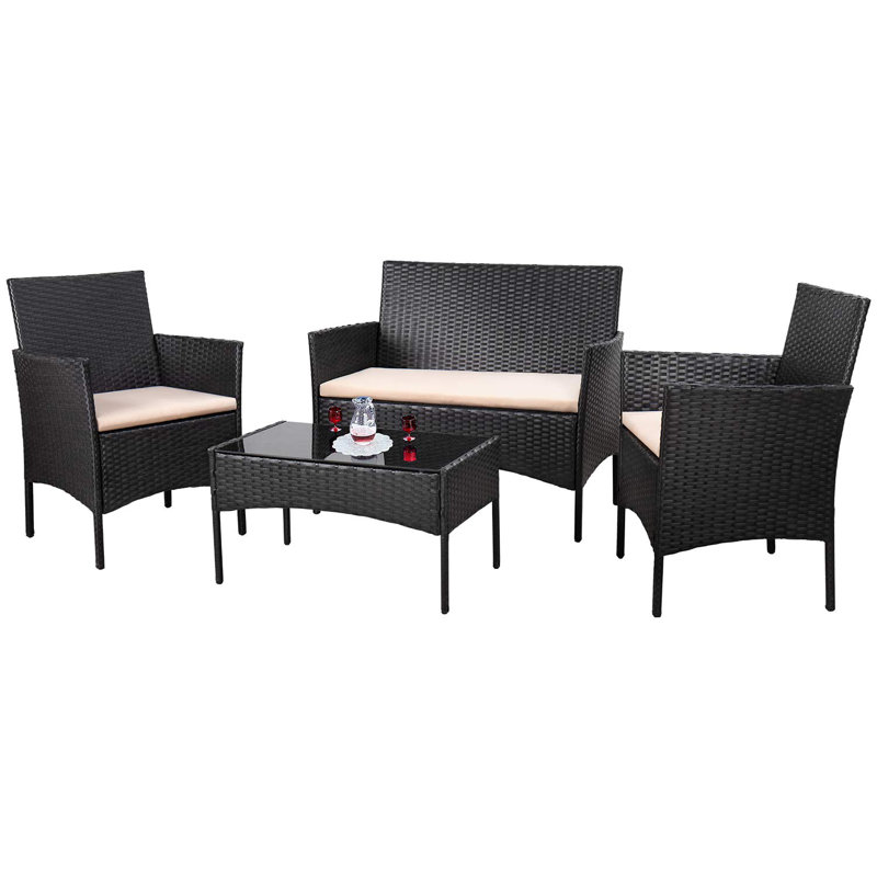 Ensemble de conversation avec canapé en rotin et coussins 4 pièces Donn, Noir
