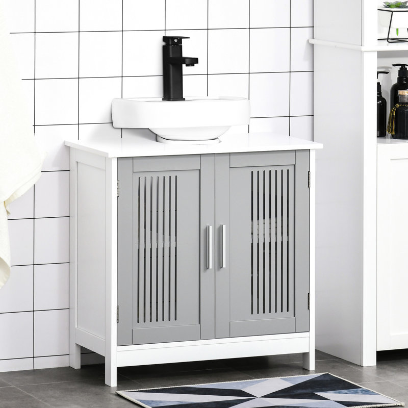 Rangement pour salle de bain sous l'évier - Armoire grise et blanche avec 2 portes, peu encombrante, tablette réglable, rangement pour différents articles