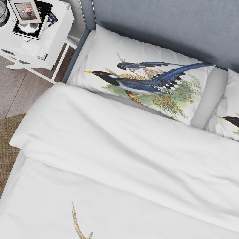 Vintage Blue Bird Standing On Tree With Baby Bird - Farmhouse Duvet Cover Set - Microfiber Polyester