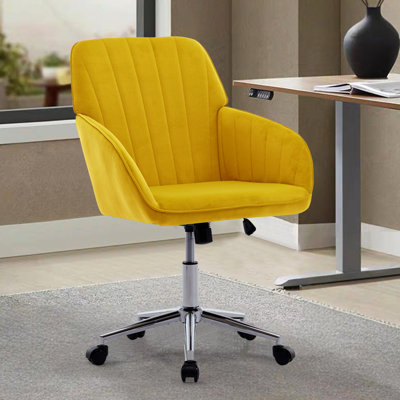 Chaise de bureau Ty avec coussin de soutien, base or brillant, velours d'apparence jaune vif dans un jaune éclatant, offrant une base confortable