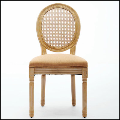 Chaises de salle à manger de style français à structure en bois massif avec tissu en lin et dossier en rotin, ensemble de 2, peinture antique
