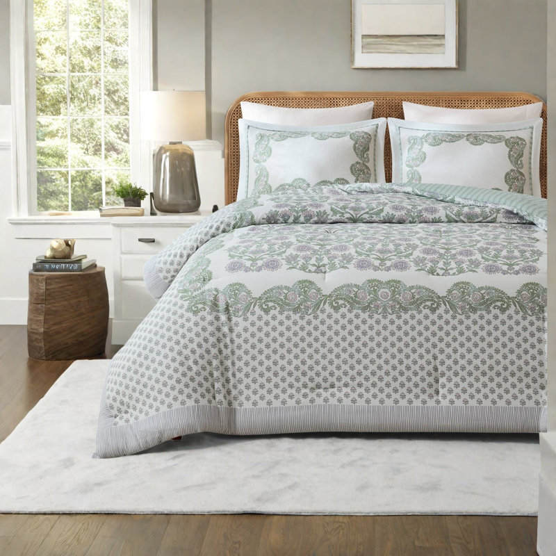 De lit double / grand, édredon floral riche en coton, vert sauge