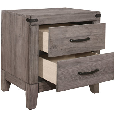 Table de chevet 2 tiroirs pour chambre à coucher - Finition gris-brun, stratifié et glissières centrales en métal gris, tiroirs, fabrication