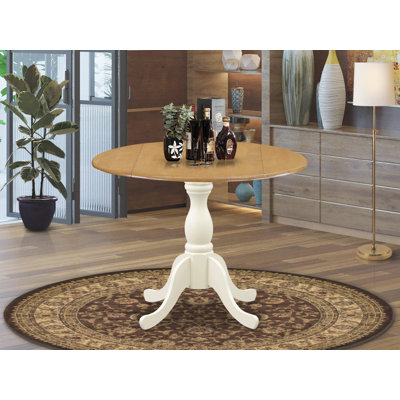 Wooden Dining Table with Drop Leaves - Oak Table Top and linen white Pedestal Leg Finish