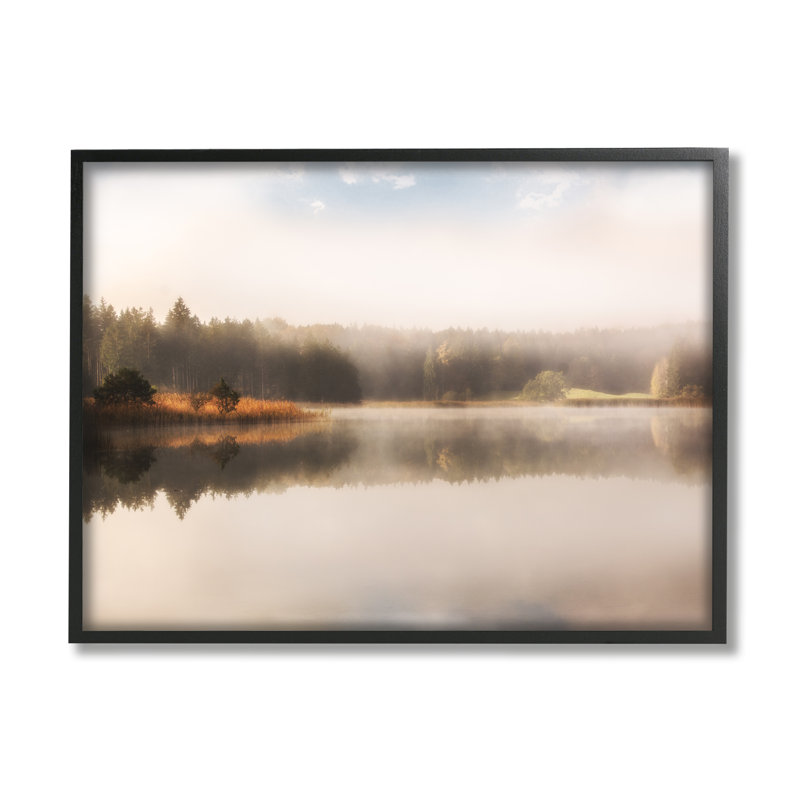 «Autumn Lake Misty Landscape Distant Pine Tree Forest» par Irene Weisz - photographie, H 24 po x l 30 po