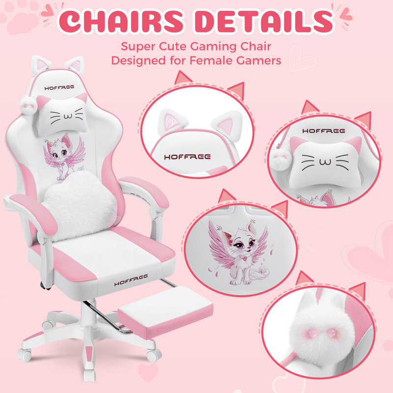Gaming Chair For Girls With Cat Ears And Massage Lumbar Support Ergonomic Cute Computer Chair With Footrest Reclining Game Chairs For Adults
