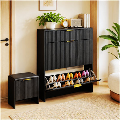 Fluted Black Shoe Storage Cabinet Set with Padded Bench and Gold Pulls, Perfect for Modern Entryways