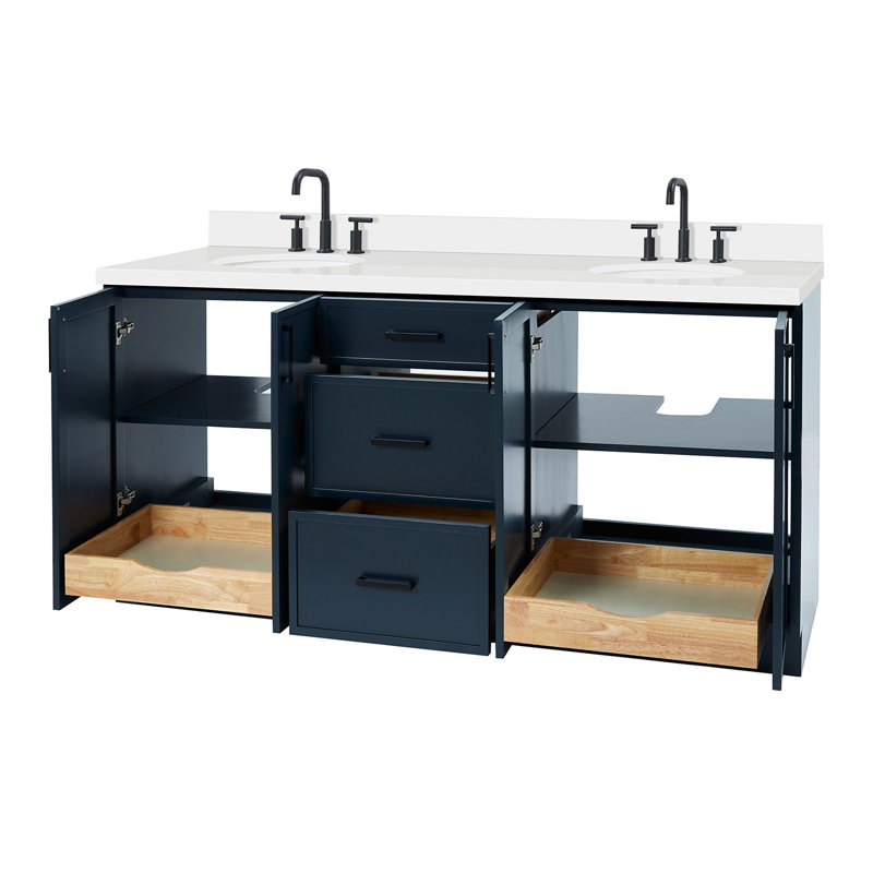 ARIEL Kelly 73 Double Sink Bathroom Vanity with Pure Quartz Top, Midnight Blue, Oval, Pure White Quartz