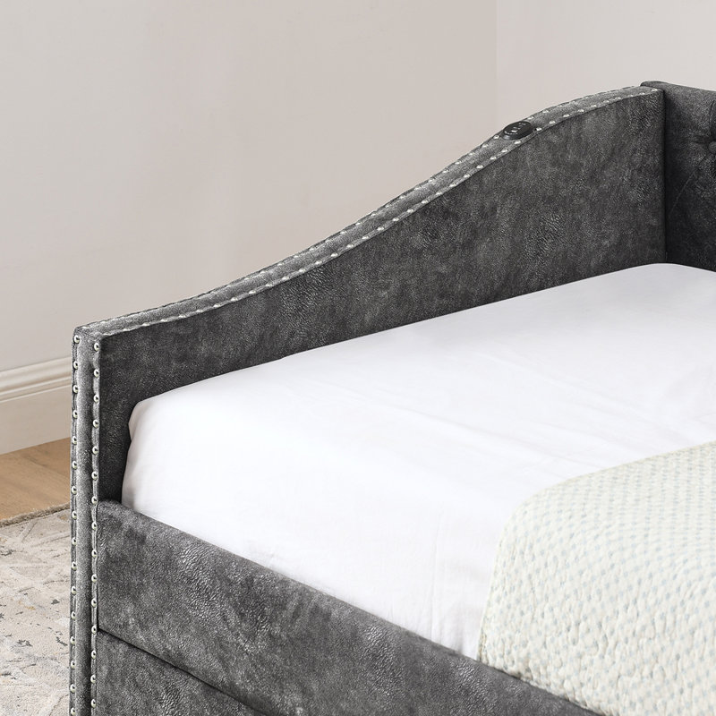 Daybed With USB Charging & Pull-Out Extendable Bed, Button Back, And Copper Nail Waved Arms For Modern Comfort And Convenience