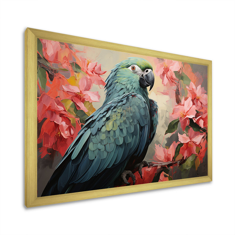 «Blue and Pink Parrot Paradise I», art mural perroquet, Cadre doré à coins fermés, H 12 po x l 20 po x P 1 po