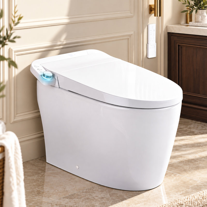 Toilette allongée intelligente sans réservoir avec bidet, chasse d'eau automatique, siège chauffant, laveuse / sécheuse chaude, température de l'eau réglable, fonctionnement du pied, veilleuse, télécommande