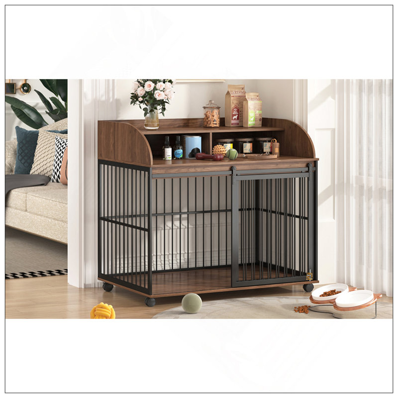 Meuble pour chien en bois robuste de 44 pouces avec roues verrouillables et rangement double couche, idéal pour les chiens de taille moyenne à grande