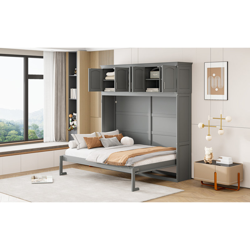 Lit double gris, idéal pour les espaces multiples, espace et lit confortable avec armoires supérieures, bureau personnel, support de matelas