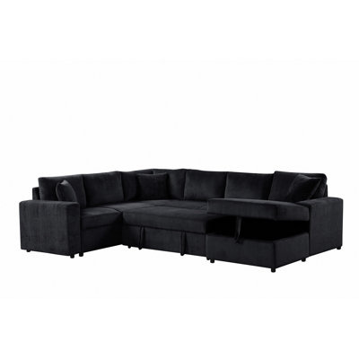 123"W Black Corduroy Sleeper Sectional Sofa With Right-Facing Storage Chaise And Throw Pillows