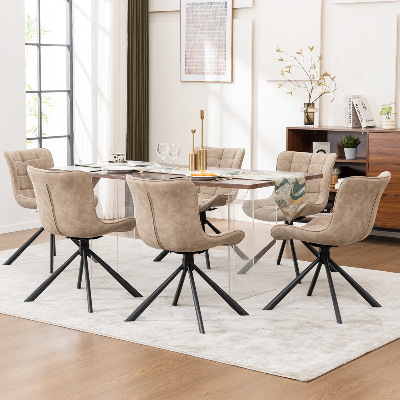 Tufted Swivel Leather Upholstered Side Chairs Modern Dining Chairs with Metal Legs, Beige