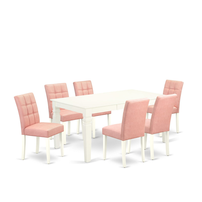 7 Piece Kitchen Table Set Includes A Wood Table and 6 Beige Red Polyester Fabric Mid-Century Dining Chairs with Stylish Back- Linen White Finish