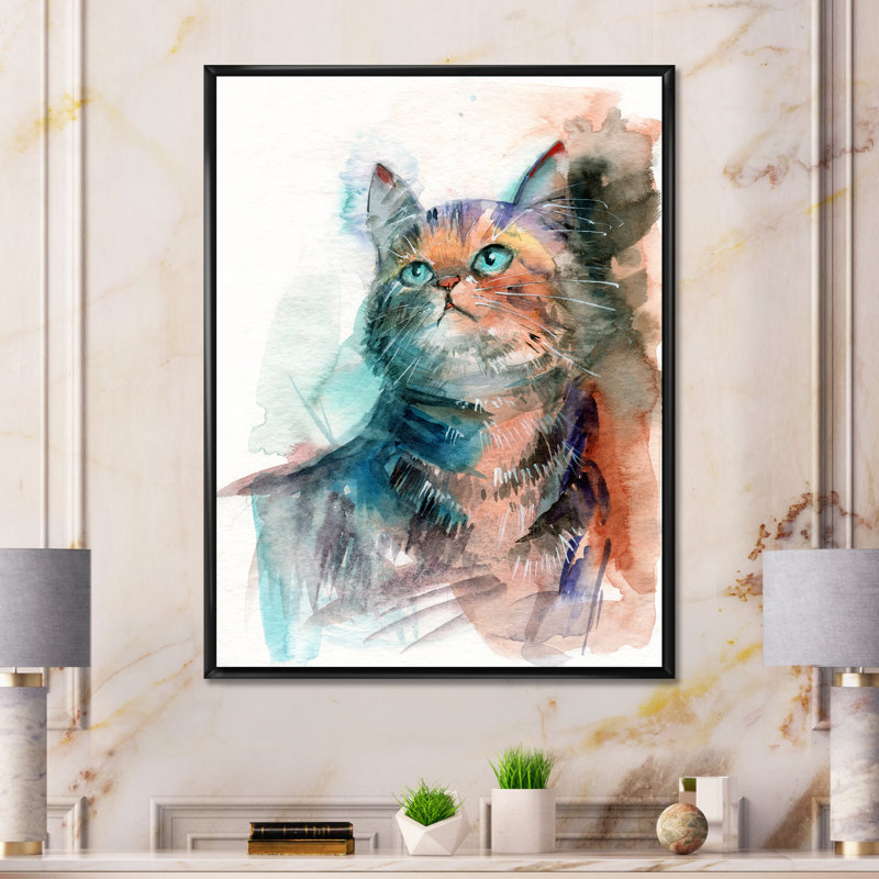 Petit chat gris aux yeux bleus - reproduction sur toile, H 32 po x l 16 po, Cadre flottant noir