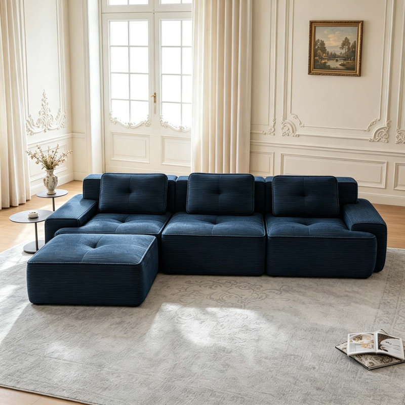 Canapé moderne en velours côtelé, Blue -3Seat+1Ottman