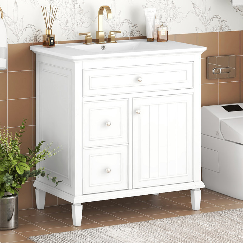 Meuble-lavabo blanc 30 po avec lavabo, armoire en bois massif et panneau de fibres à densité moyenne avec tiroir rabattable, 2 tiroirs de rangement et tablette intérieure réglable