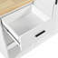 Îlot de cuisine blanc Eliza avec comptoir pliable et espace pour tablettes, porte-serviettes, tiroir, tablette coulissante, support à roulettes amovible