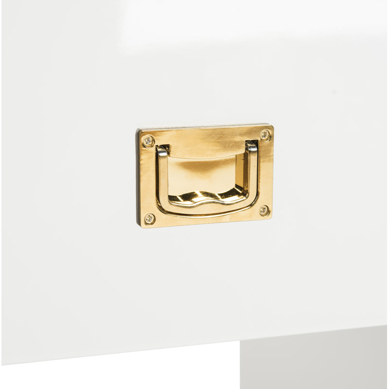White Lacquer Rectangular Side Table with Brass Accents and Storage