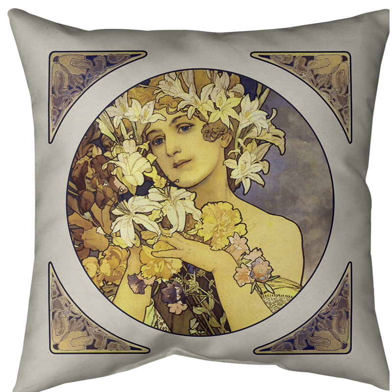 Coussin décoratif alphonse mucha couronne of fleurs, 14 po x 14 po, Jaune, Polyester sergé