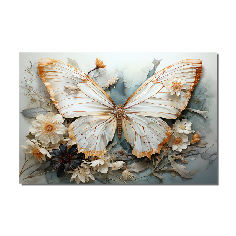 Papillon blanc gris avec motifs complexes - animaux, art mural dans le salon