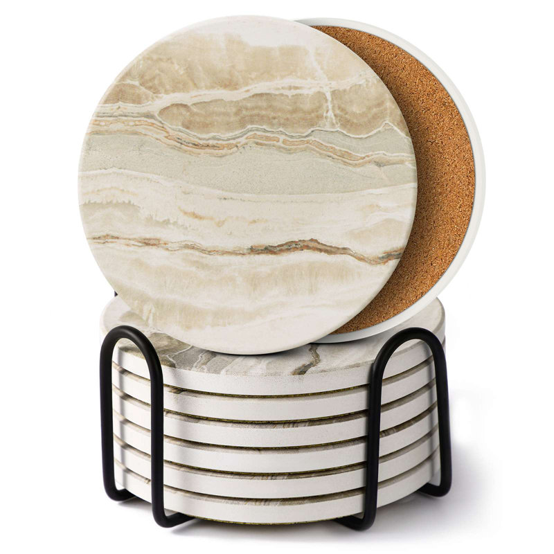 Ensemble de sous-verres Marble Design - 8 pièces avec porte-verres 4 pouces, Noir / blanc