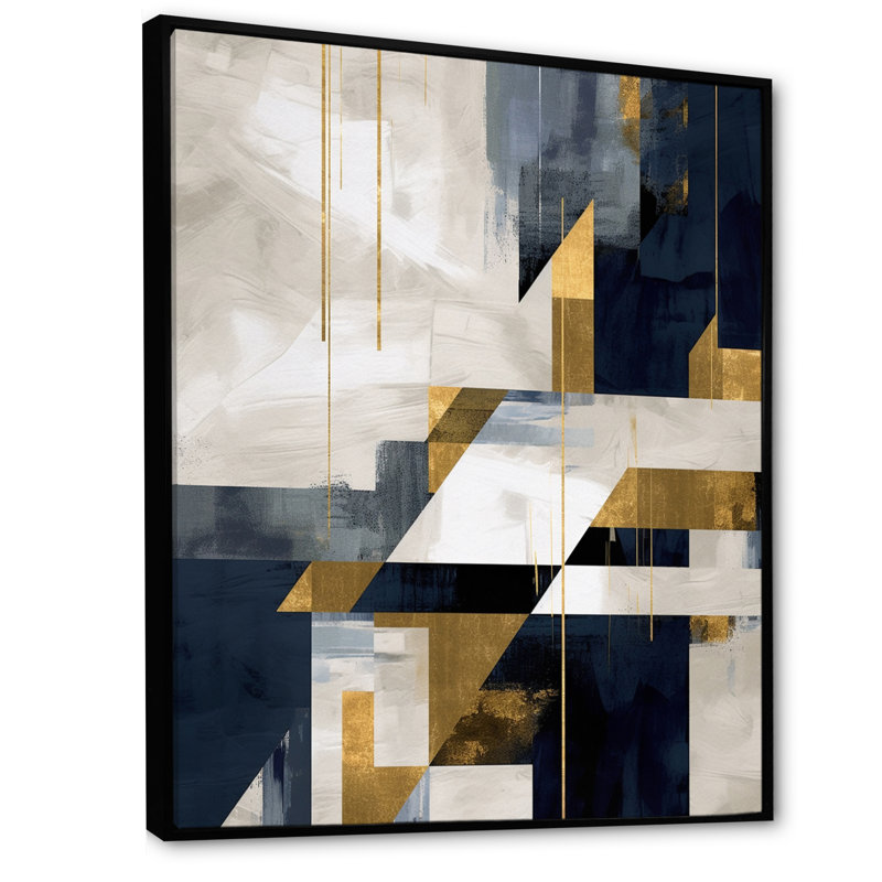 Gold Blue Shapes In Harmony, reproduction d'art sur toile, Cadre flottant noir, H 32 po x l 24 po x P 1 po