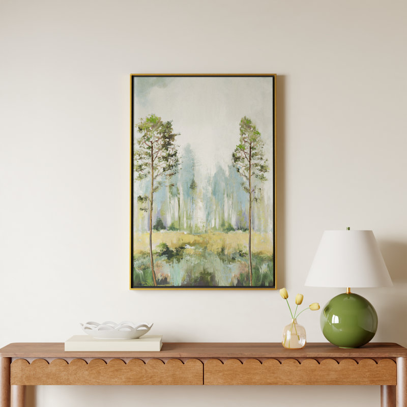 Teton Tall Green Trees II by Teton Pearce - Floater Frame Print on Canvas, 37.5" H x 25.5" W, Gold