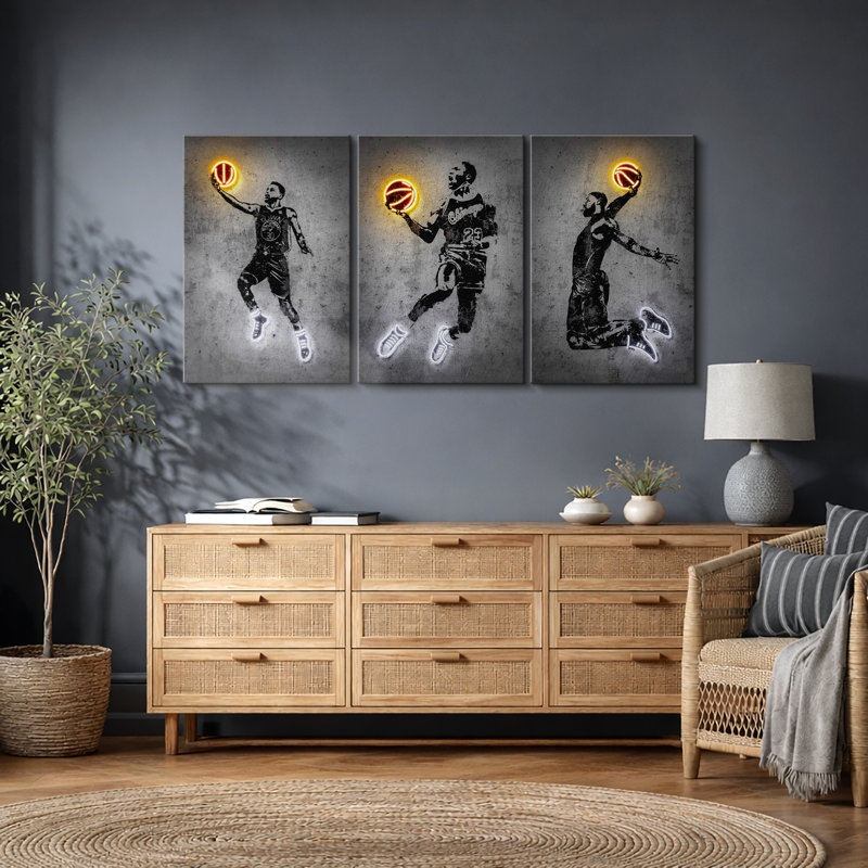 White & Yellow Neon Effect-Basketball Player Slam Dunk Artwork, Athletes Pop Modern Bedroom Decor Wall Pictures, Framed Canvas Giclée Print 3 Pieces Wall Art" 16"x24"x3 pcs, 24"x36"x3 pcs