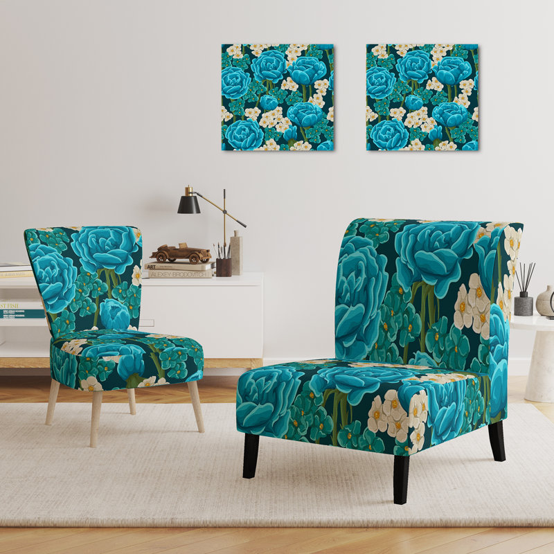 Accent Chair, Beige Floral Pattern Upholstered Decor - Beige Floral Pattern II, Blue Flower