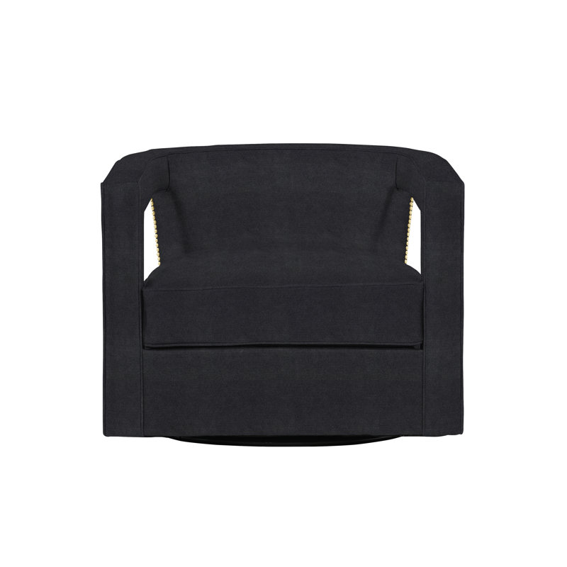 Alana 32.5'' Wide Swivel Barrel Chair, Bright Brass, Akiko Graphite Performance 5534-011