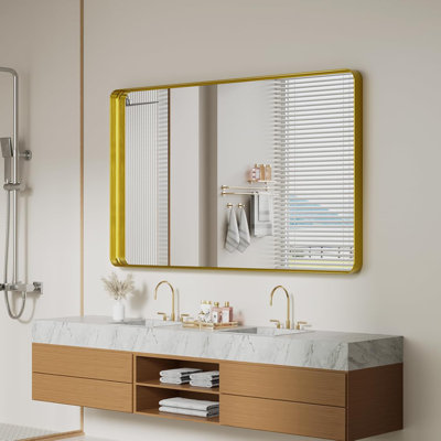 Gold Wall Mirror for Bathroom, 36x60 Inch Matte Deep Framed Rounded Rectangle Vanity Mirror for Farmhouse Living Room, Tempered Glass, Anti-Rust, Vertically or Horizontally