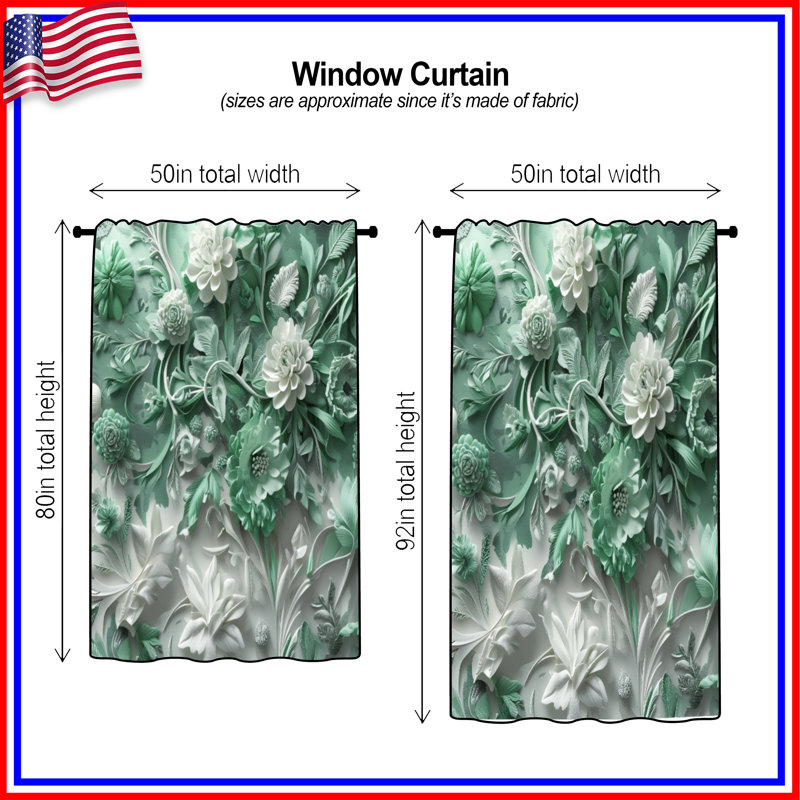 Rideaux à motif floral vert, voilages et voilages à motif floral - 1 panneau, 50" x 92" - 1 Panel, Transparent