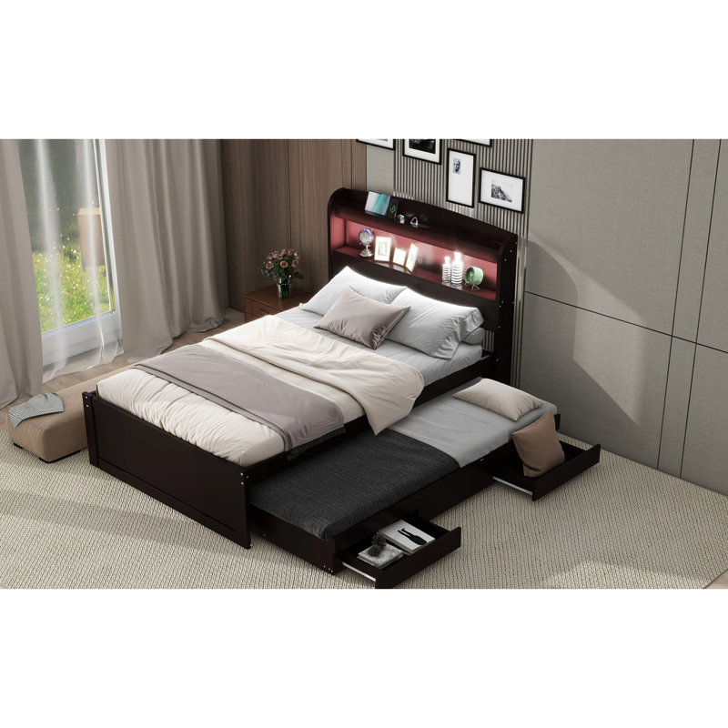 Lit simple brun foncé foncé avec rangement, tête de lit à chargement, 2 tiroirs, lit gigogne, espace de rangement efficace sur la plateforme,