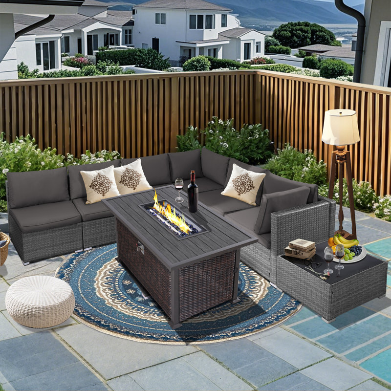 7 Pieces PE Wicker Outdoor Patio Furniture Sofa Set with Fire Pit Table, Cushions, Red