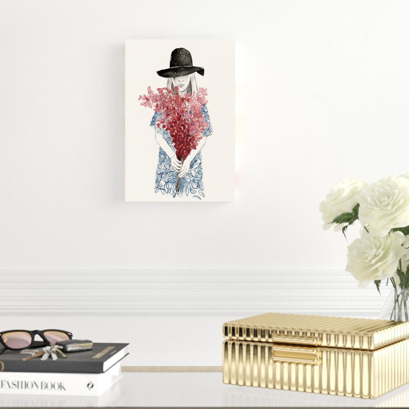 La fille et les fleurs - peinture sur toile tendue, H 12 po x l 8 po