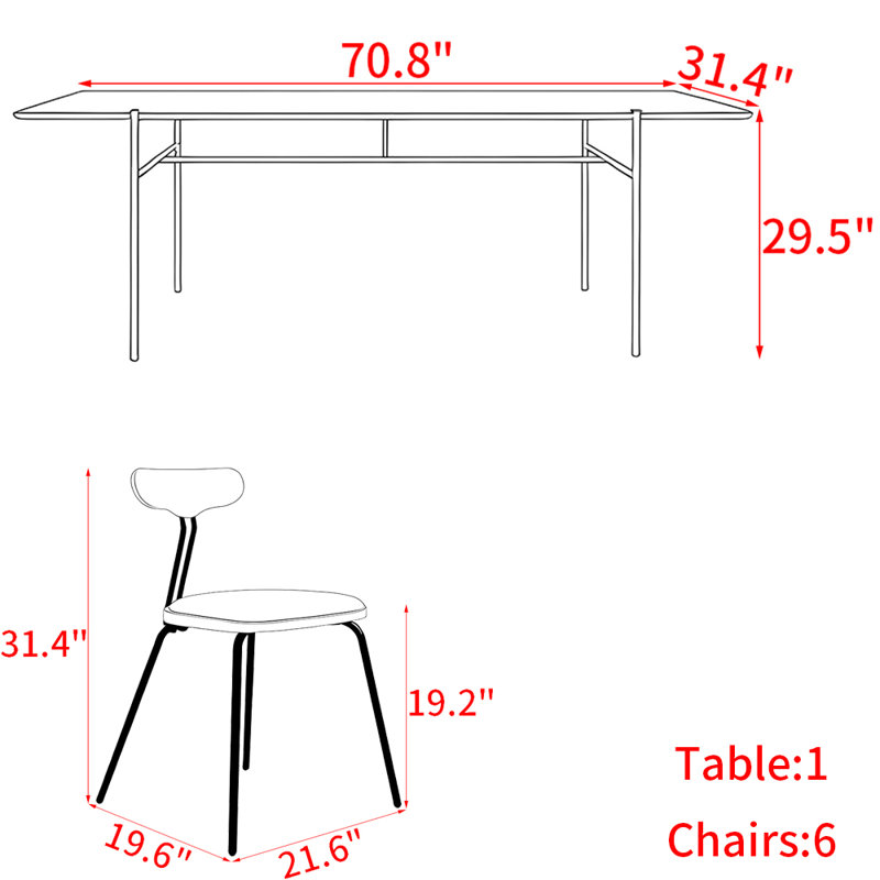 Ensemble de table de salle à manger en bois massif de style américain, H 29,5 po x L 70,8 po x l 31,4 po