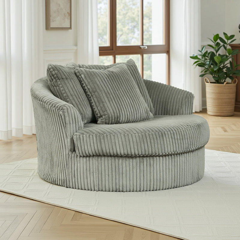 Fauteuil d'appoint rond surdimensionné de 55 po gris Lindy, 3 coussins décoratifs