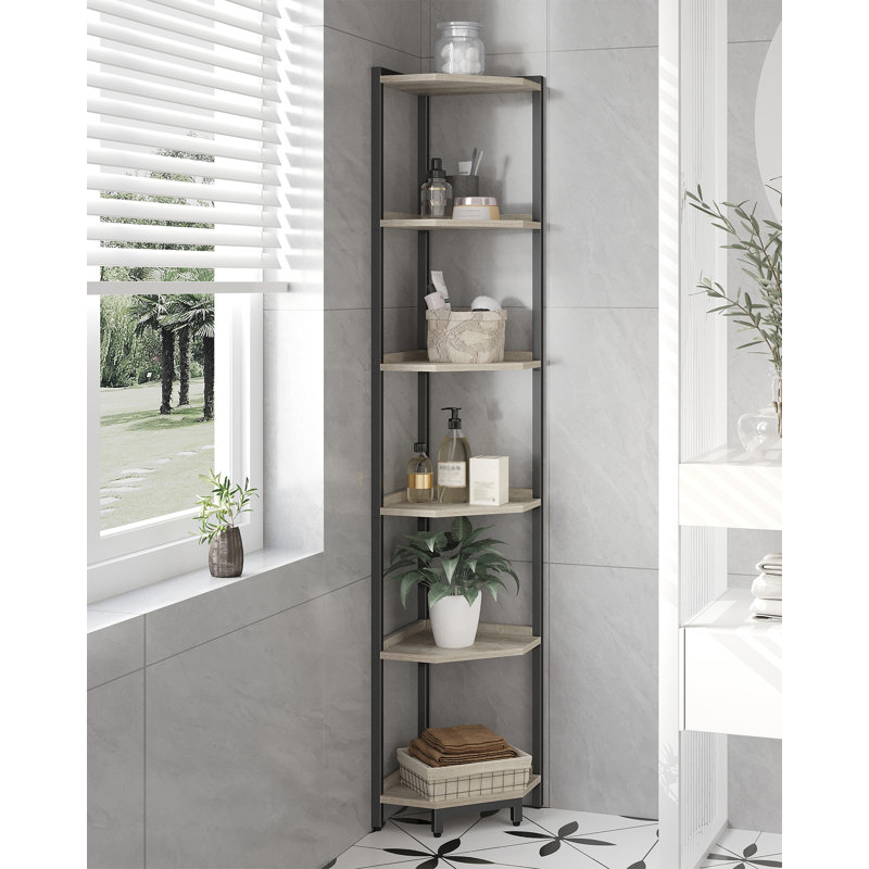 Corner Shelf Stand, Corner Bookshelf, Storage Standing Shelf Unit with Metal Frame, Plant Stand, Bookcase for Living Room, Home Office, Bedroom, 6-Tier Greige