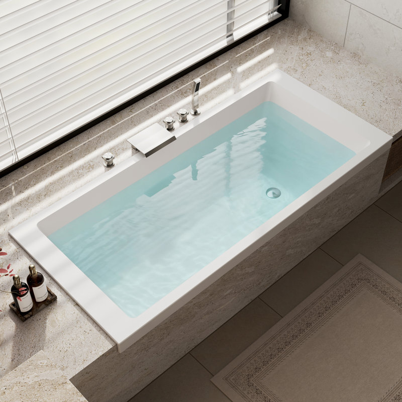 70.6" Solid Surface Drop In Soaking Bathtub Matte White with Pop-up Drain