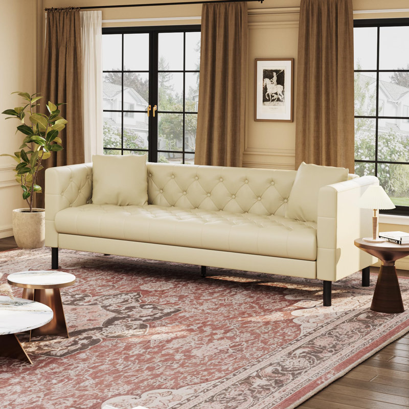 Canapé de 81 po en cuir, canapé Chesterfield à assise profonde capitonné à 3 boutons fait à la main, Beige