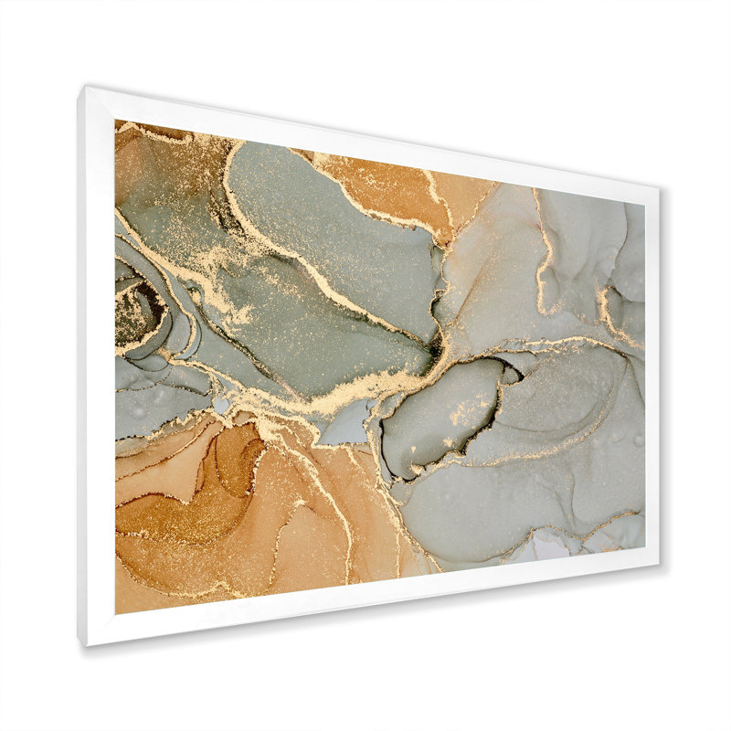 «Brown Luxury Abstract Fluid Art VI», peinture sur toile, H 12 po x l 20 po x P 1 po, Cadre photo blanc