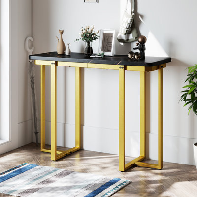 Console 42 po. Table d'entrée moderne en faux marbre avec cadre géométrique en métal noir