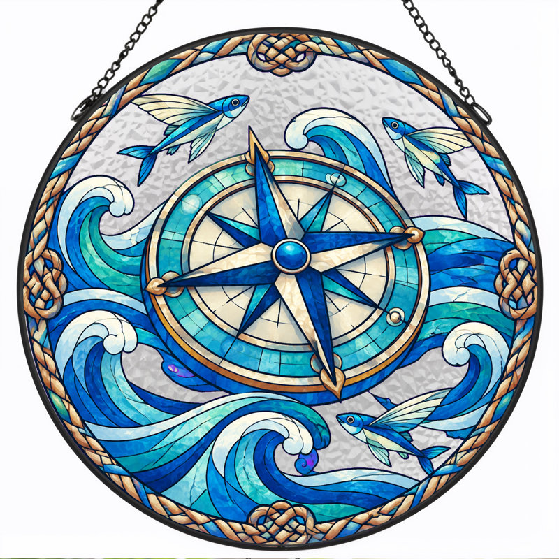 «Blue Compass Rose and Flying Fish In Ocean Waves», art mural sur toile, H 12 po