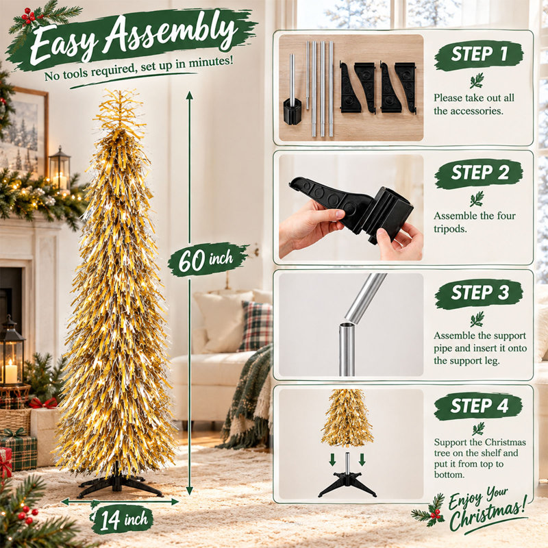 Sapin de Noël pliable et lumineux de 1,5 m, en forme de crayon, avec 50 lumières DEL blanc chaud et base pliable, disponible en 2 couleurs.