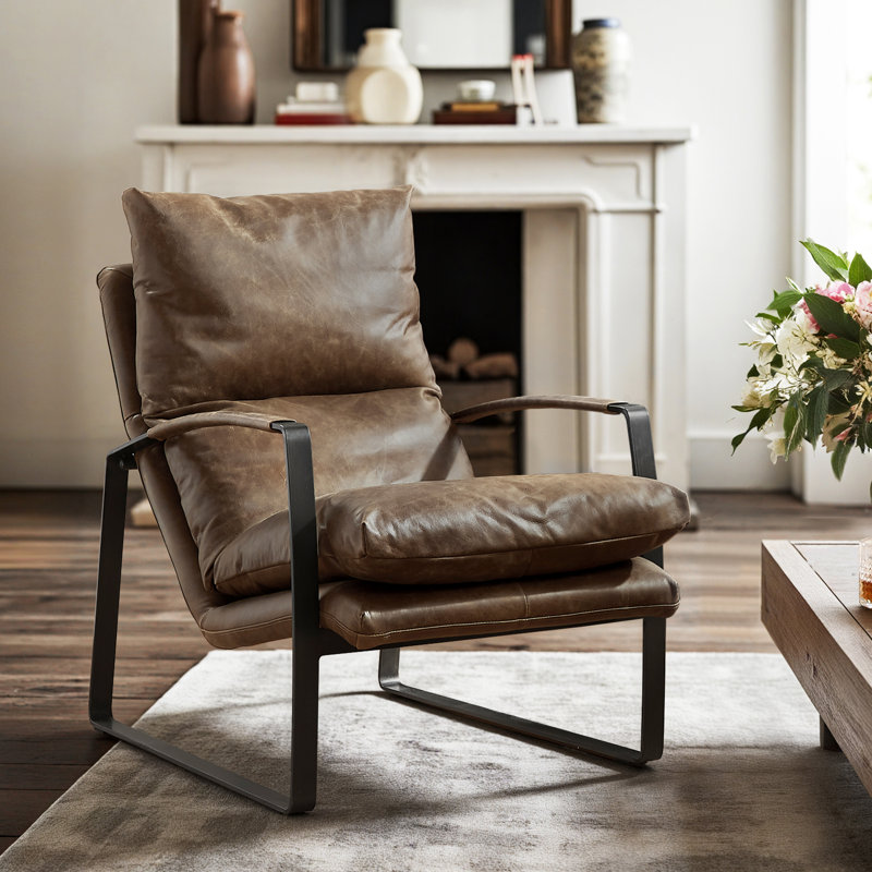 Zawacki 25.5" W Genuine Leather Lounge Armchair, Black, Zawacki Light Brown Genuine Leather