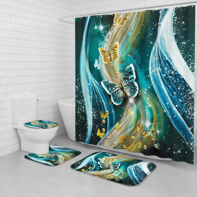 4 Piece Blue Light Butterfly Bathroom Shower Curtain Set 71"x71" With Bath Mat, U-shaped Rug, Toilet Lid Cover & 12 Hooks